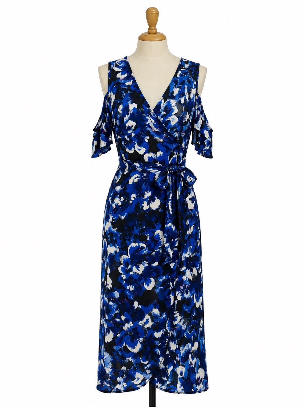 Ronson Blue Floral Cold Shoulder Wrap Dress Size Medium